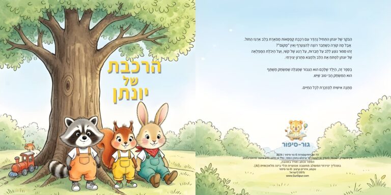 איור מתוך הספר "המסע ברכבת הקסומה" - גור-סיפור: כריכת הספר המציגה את הדמות הראשית וחבריה יושבים מתחת לעץ גדול, לצד גב הכריכה הכולל תקציר על עלילת הסיפור.