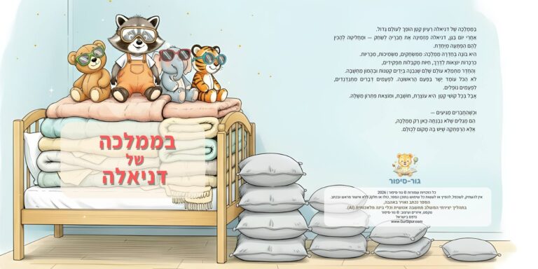 כריכה קדמית ואחורית של הספר "הממלכה המופלאה שלי" - גור-סיפור: הדמות הראשית וחבריה יושבים על ערימת שמיכות לצד טקסט המתאר את עלילת הספר בהתאמה אישית.