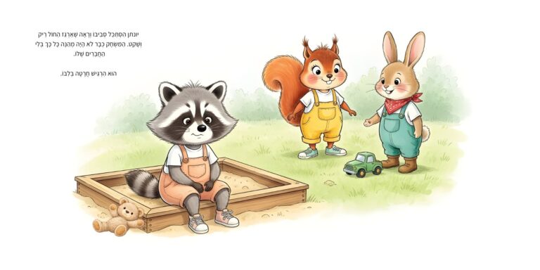 איור מתוך הספר "המסע ברכבת הקסומה" - גור-סיפור: הדמות הראשית יושבת לבדה על שפת ארגז החול ומתגעגעת לחבריה.