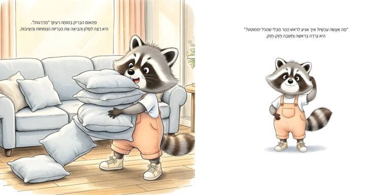 איור מתוך הספר "הממלכה המופלאה שלי" - גור-סיפור: הדמות הראשית אוספת כריות למשחק