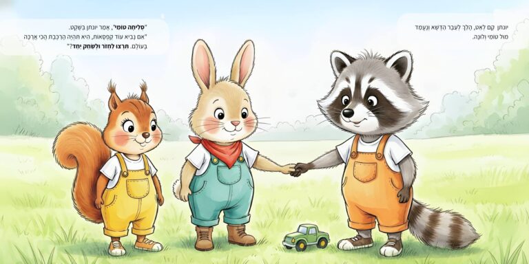 איור מתוך הספר "המסע ברכבת הקסומה" - גור-סיפור: הדמות הראשית וחבריה משלימים ומחזיקים ידיים על הדשא בסיטואציה של חברות.