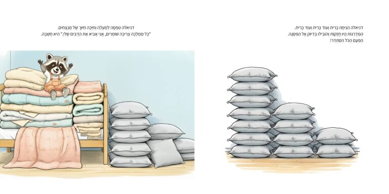 איור מתוך הספר "הממלכה המופלאה שלי" - גור-סיפור: הדמות הראשית בונה הר מכריות ושמיכות