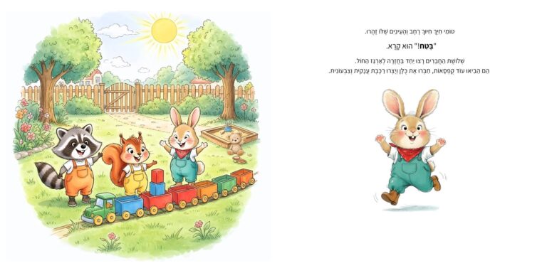 איור מתוך הספר "המסע ברכבת הקסומה" - גור-סיפור: הדמות הראשית וחבריה בונים רכבת צעצוע צבעונית מקוביות בגינה פורחת תחת השמש.