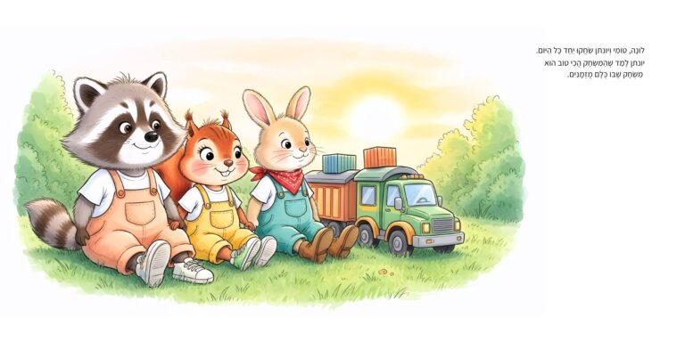 איור מתוך הספר "המסע ברכבת הקסומה" - גור-סיפור: הדמות הראשית וחבריה יושבים על הדשא ליד משאית צעצוע בזמן השקיעה.