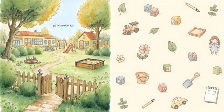 איור מתוך הספר "המסע ברכבת הקסומה" - גור-סיפור: נוף חצר גן הילדים עם מתקני משחקים לצד איורים של צעצועים ופריטים מתוך עולם הסיפור.