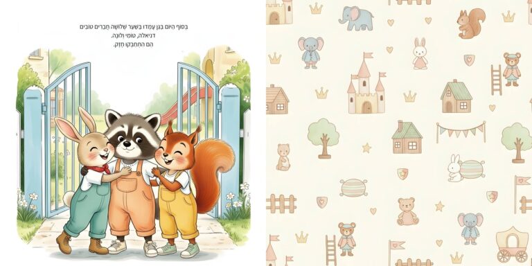 איור מתוך הספר "הממלכה המופלאה שלי" - גור-סיפור: הדמות הראשית בחיבוק עם חברים ליד שער הגינה בסיום היום.