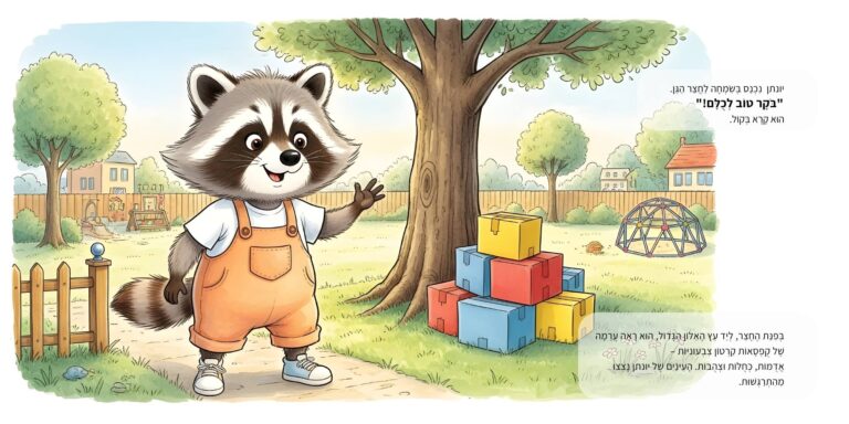 איור מתוך הספר "המסע ברכבת הקסומה" - גור-סיפור: הדמות הראשית נכנסת לגינה ומגלה ערימת קופסאות קרטון צבעוניות מתחת לעץ גדול.