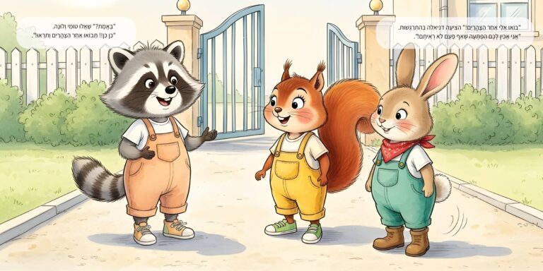 איור מתוך הספר "הממלכה המופלאה שלי" - גור-סיפור: הדמות הראשית משוחחת עם חבריה בחוץ, ליד שער הגינה והגדר הלבנה.