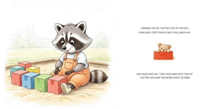 איור מתוך הספר "המסע ברכבת הקסומה" - גור-סיפור: הדמות הראשית יושבת בתוך ארגז חול ומסדרת קוביות צבעוניות בשורה.