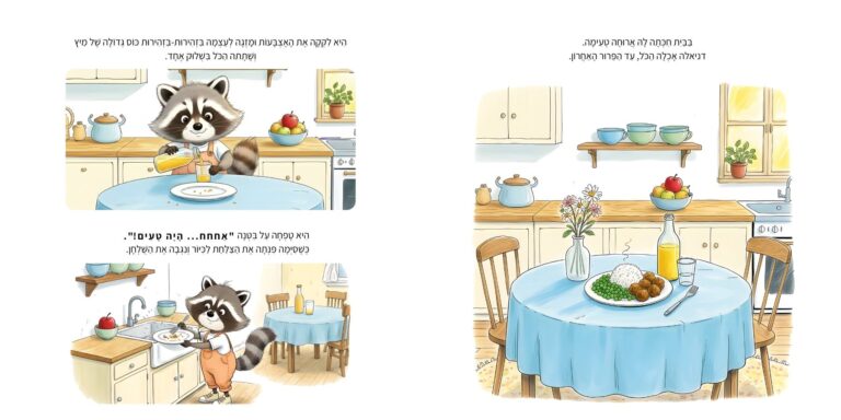 איור מתוך הספר "הממלכה המופלאה שלי" - גור-סיפור: הדמות הראשית בסיטואציות יומיומיות במטבח – אוכלת ארוחה, שותה מיץ ומנקה את הצלחת.
