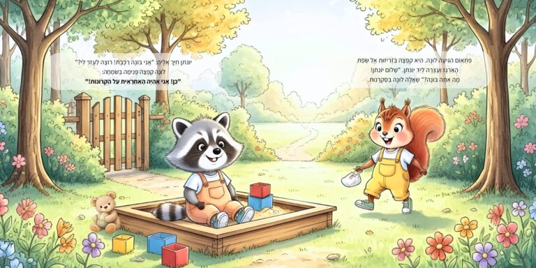 איור מתוך הספר "המסע ברכבת הקסומה" - גור-סיפור: הדמות הראשית משחקת בקוביות בתוך ארגז חול בזמן שחברה מצטרפת אליה בגינה צבעונית ופורחת.