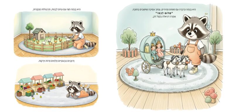 איור מתוך הספר "הממלכה המופלאה שלי" - גור-סיפור: הדמות הראשית משחקת עם צעצועי חווה, דוכני שוק ומרכבה בחדר הילדים.