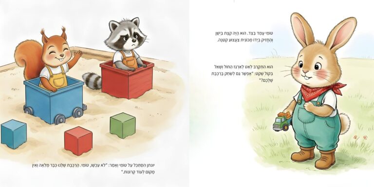 איור מתוך הספר "המסע ברכבת הקסומה" - גור-סיפור: הדמות הראשית משחקת ברכבת צעצוע בארגז החול בזמן שחבר עומד בצד עם משאית קטנה.