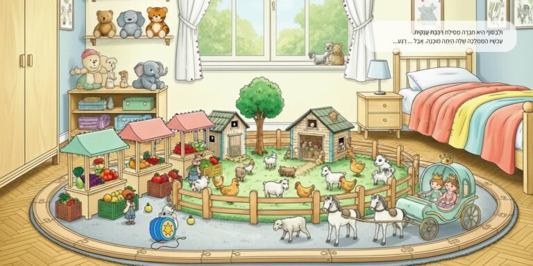 איור מתוך הספר "הממלכה המופלאה שלי" - גור-סיפור: חדר הילדים המעוצב כממלכה עם צעצועי חווה, מרכבה וסוסים בתוך עלילת הסיפור.