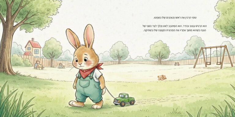 איור מתוך הספר "המסע ברכבת הקסומה" - גור-סיפור: חבר של הדמות הראשית מושך משאית צעצוע לאורך הגינה הירוקה.
