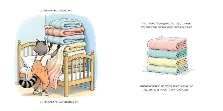 איור מתוך הספר "הממלכה המופלאה שלי" - גור-סיפור: הדמות הראשית מנסה להרכיב הר מכריות