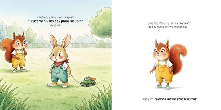 איור מתוך הספר "המסע ברכבת הקסומה" - גור-סיפור: חבריה של הדמות הראשית נפגשים ומשחקים יחד עם משאית צעצוע בשטח פתוח.