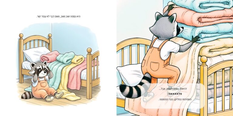 איור מתוך הספר "הממלכה המופלאה שלי" - גור-סיפור: הדמות הראשית מנסה להרכיב הר מכריות