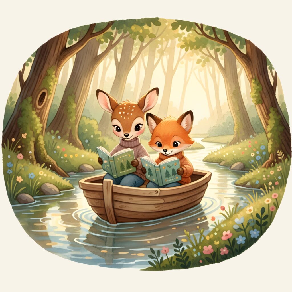 איור קלאסי של עופר ושועל קוראים בסירה בנהר