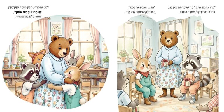 איור מתוך הספר "אני עולה לכיתה א'" - גור-סיפור: הדמות הראשית וחבריה נפרדים בחיבוק מהגננת ומקבלים מתנת סיום מרגשת בגן הילדים.