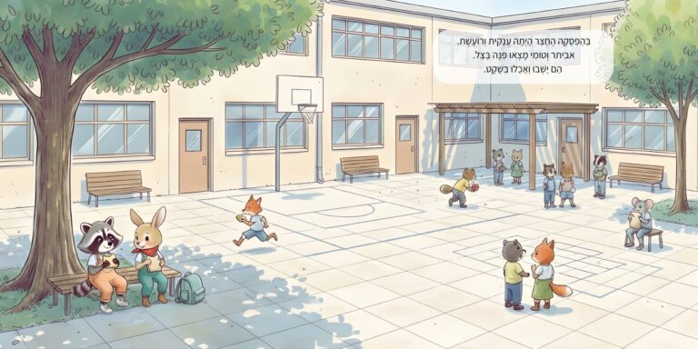 איור מתוך הספר "אני עולה לכיתה א'" - גור-סיפור: הדמות הראשית וחבר יושבים על ספסל בצל עץ בחצר בית הספר בזמן ההפסקה.