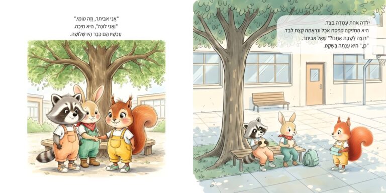 איור מתוך הספר "אני עולה לכיתה א'" - גור-סיפור: הדמות הראשית וחבריה נפגשים בחצר בית הספר ומזמינים חברה חדשה להצטרף אליהם להפסקת האוכל.