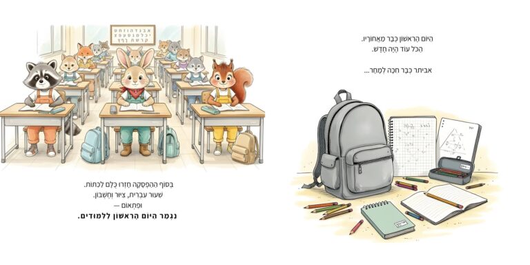 איור מתוך הספר "אני עולה לכיתה א'" - גור-סיפור: הדמות הראשית וחבריה לומדים בכיתה בסיומו של היום הראשון, לצד איור של תיק וציוד בית ספר.