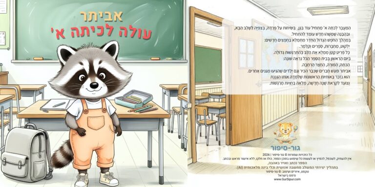 איור מתוך הספר "אני עולה לכיתה א'" - גור-סיפור: כריכת הספר המציגה את הדמות הראשית בכיתת לימוד, לצד גב הכריכה הכולל את תקציר הסיפור על רקע מסדרון בית ספר.