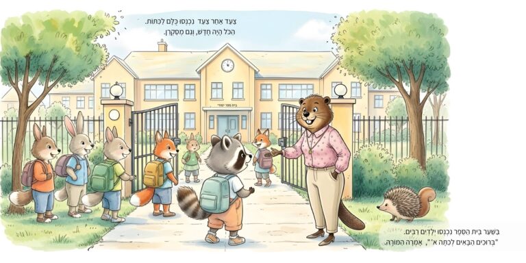 איור מתוך הספר "אני עולה לכיתה א'" - גור-סיפור: הדמות הראשית נכנסת בשער בית הספר ומתקבלת בברכה על ידי המורה בבוקר היום הראשון ללימודים.