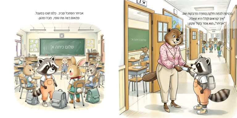 איור מתוך הספר "אני עולה לכיתה א'" - גור-סיפור: הדמות הראשית מקבלת תג שם מהמורה בכניסה לכיתה ויושבת במעגל עם חבריה החדשים בחדר הלימוד.