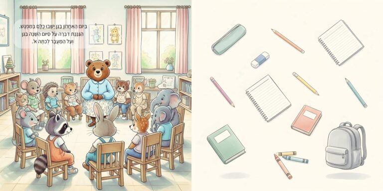 איור מתוך הספר "אני עולה לכיתה א'" - גור-סיפור: מפגש פרידה בגן הילדים עם הגננת והחברים, לצד איורים של ציוד לבית ספר כגון ילקוט, מחברות וכלי כתיבה.