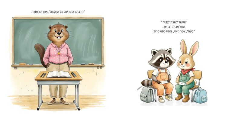 איור מתוך הספר "אני עולה לכיתה א'" - גור-סיפור: המורה עומדת בכיתה לצד הלוח, והדמות הראשית יושבת לצד חבר עם תגי שם על הבגדים.