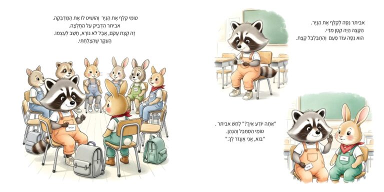 איור מתוך הספר "אני עולה לכיתה א'" - גור-סיפור: הדמות הראשית יושבת במעגל עם חבריה לכיתה ומנסה להדביק את תג השם על החולצה בעזרת חבר.